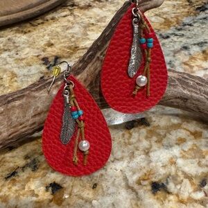 Red Leather Feather Earrings